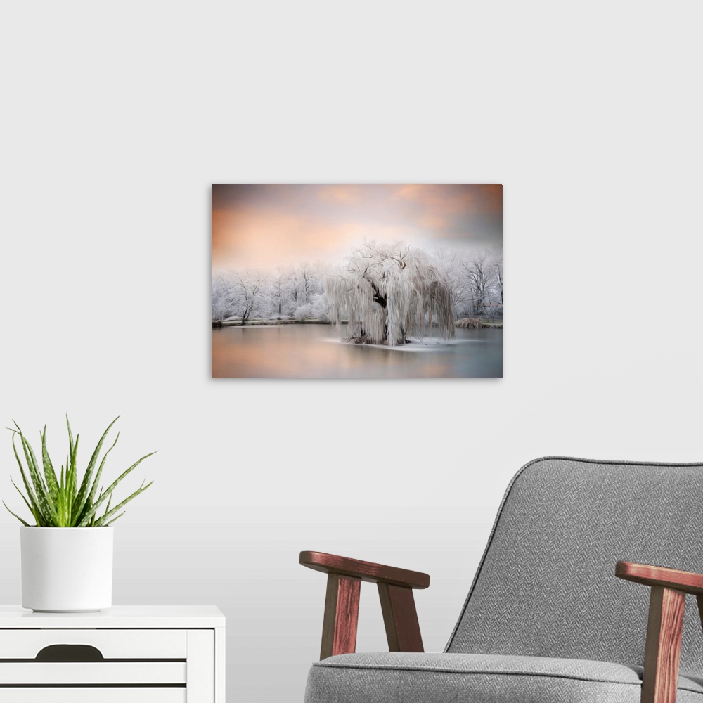 A modern room featuring Photo Expressionism - Blue river surrounded by frozen trees in winter.
