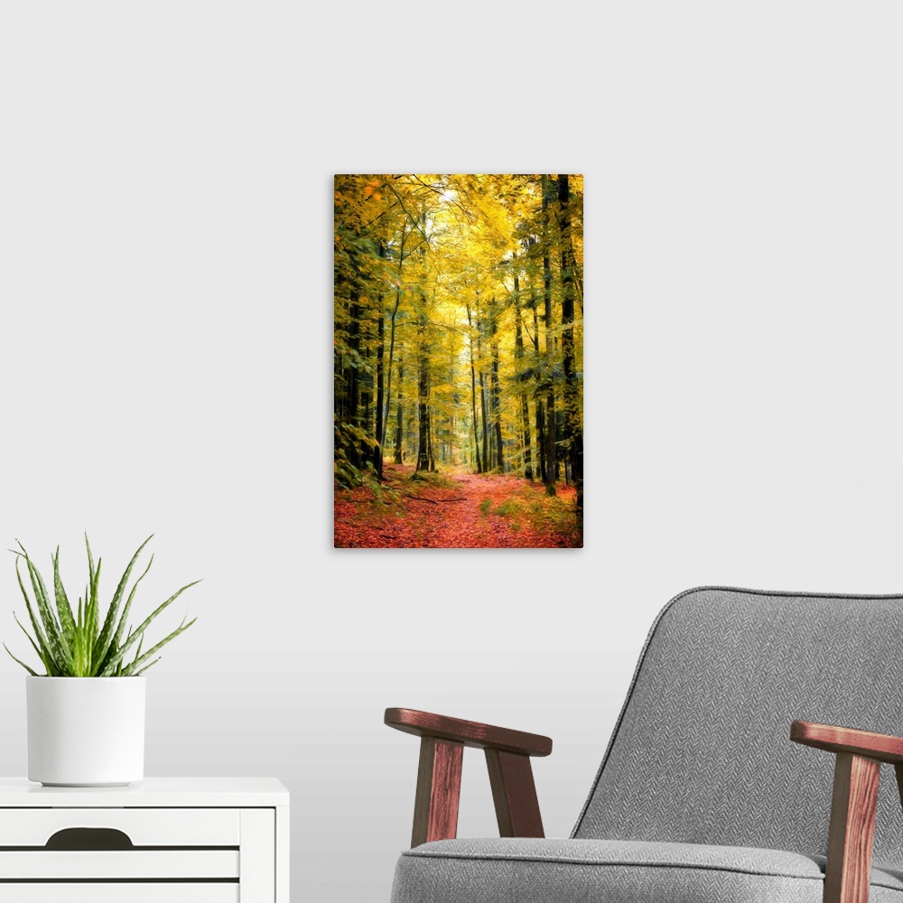 A modern room featuring Vertical photograph with a painted feel, of Autumn woods with yellow leaves on the trees and red ...