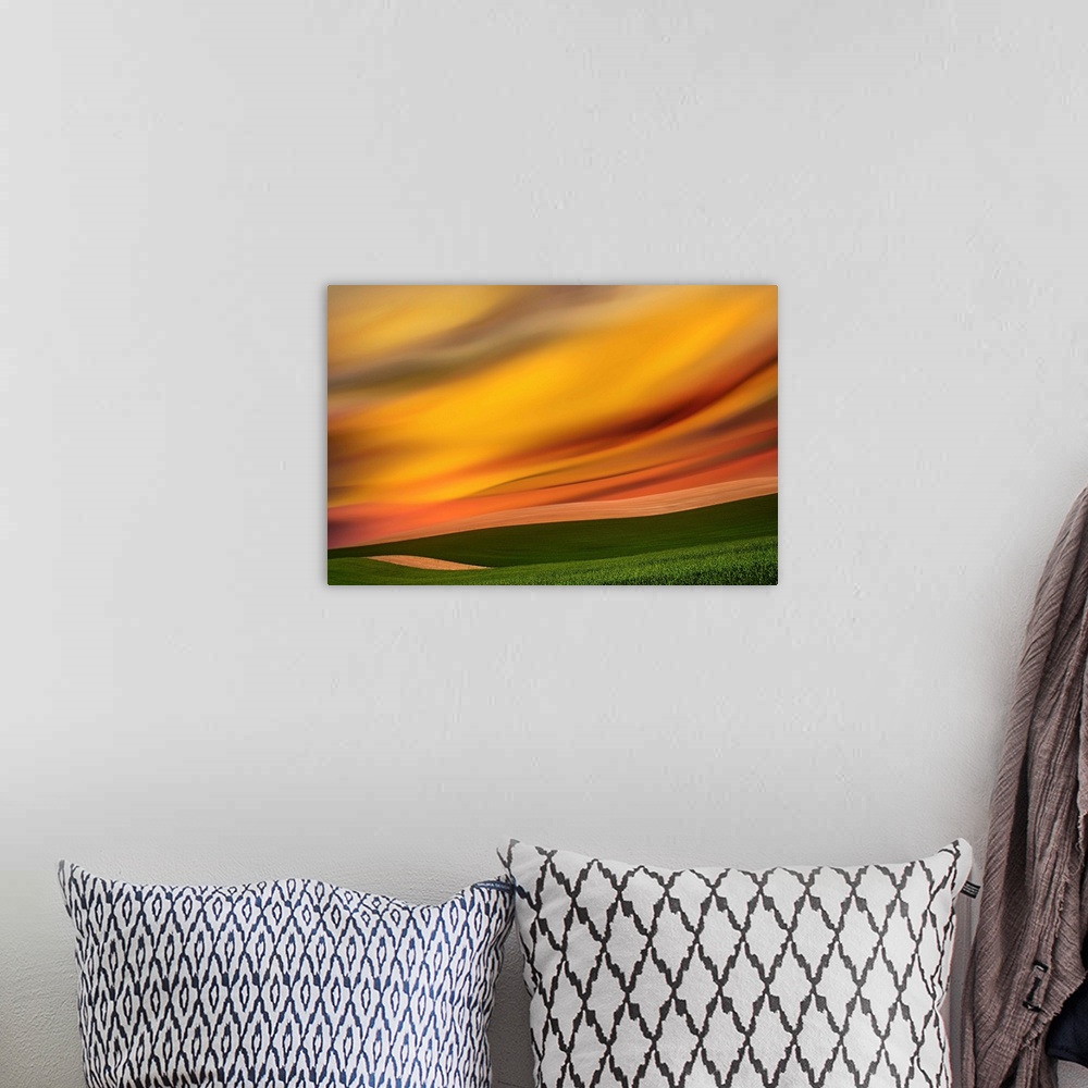 A bohemian room featuring Abstract photograph of the Palouse farmland in Washington state, with a vibrant golden yellow mot...