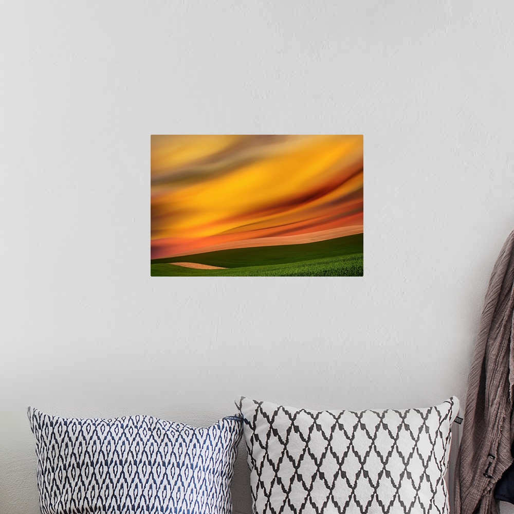 A bohemian room featuring Abstract photograph of the Palouse farmland in Washington state, with a vibrant golden yellow mot...