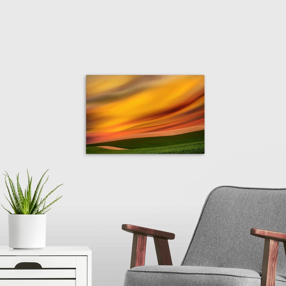 A modern room featuring Abstract photograph of the Palouse farmland in Washington state, with a vibrant golden yellow mot...