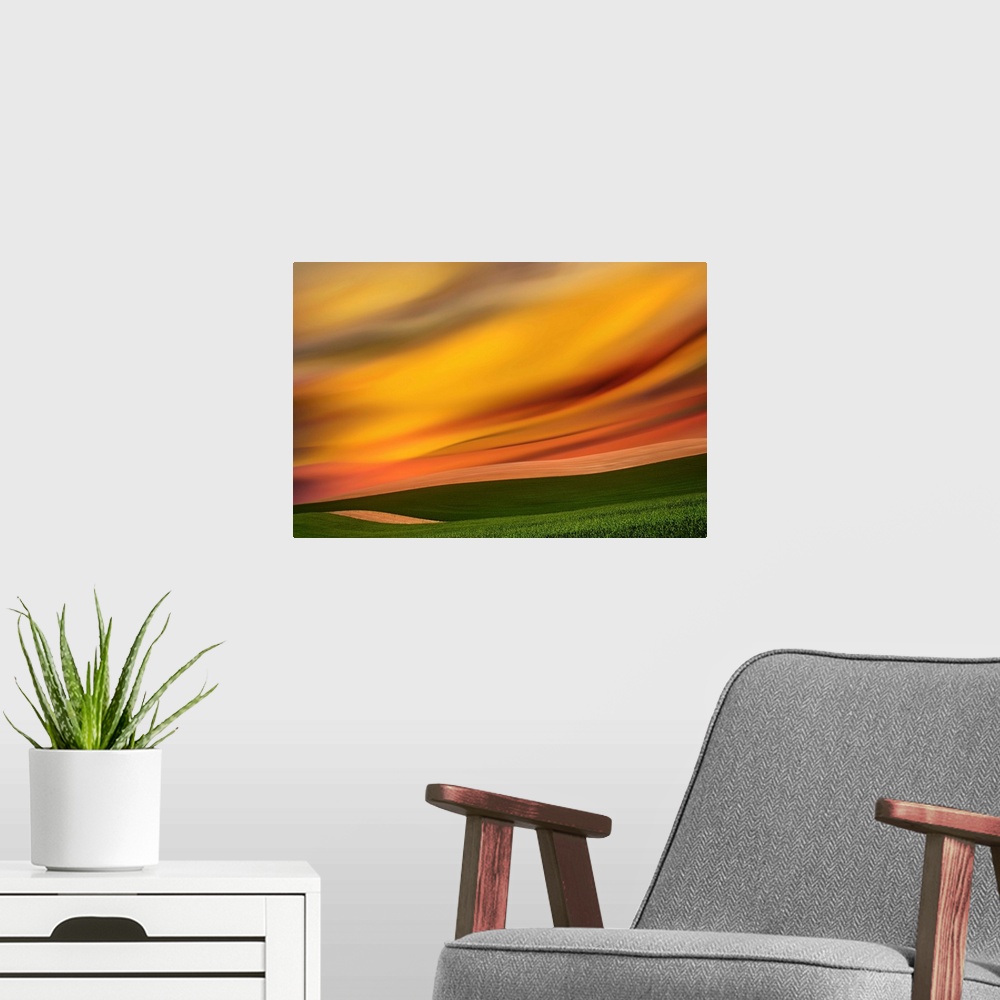 A modern room featuring Abstract photograph of the Palouse farmland in Washington state, with a vibrant golden yellow mot...