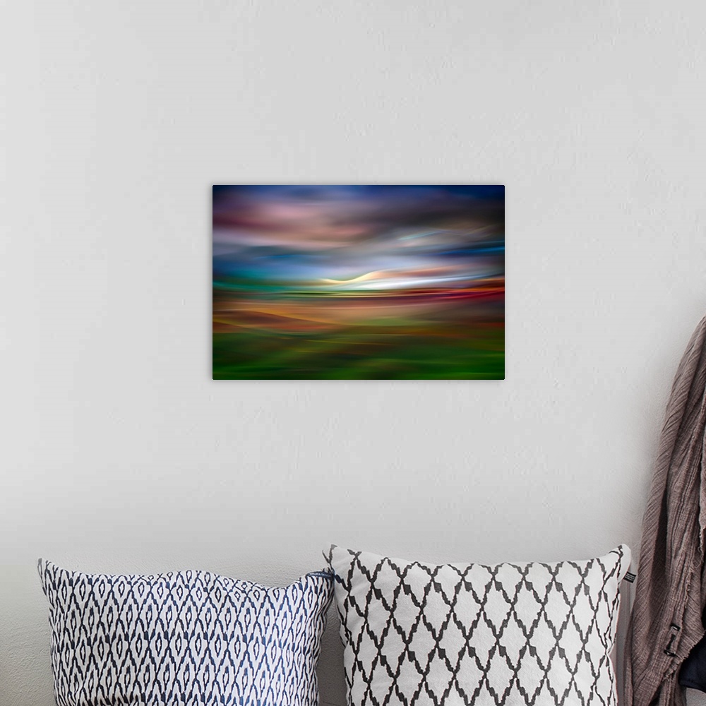 A bohemian room featuring Fine art abstract photograph of the Palouse countryside in Washington.