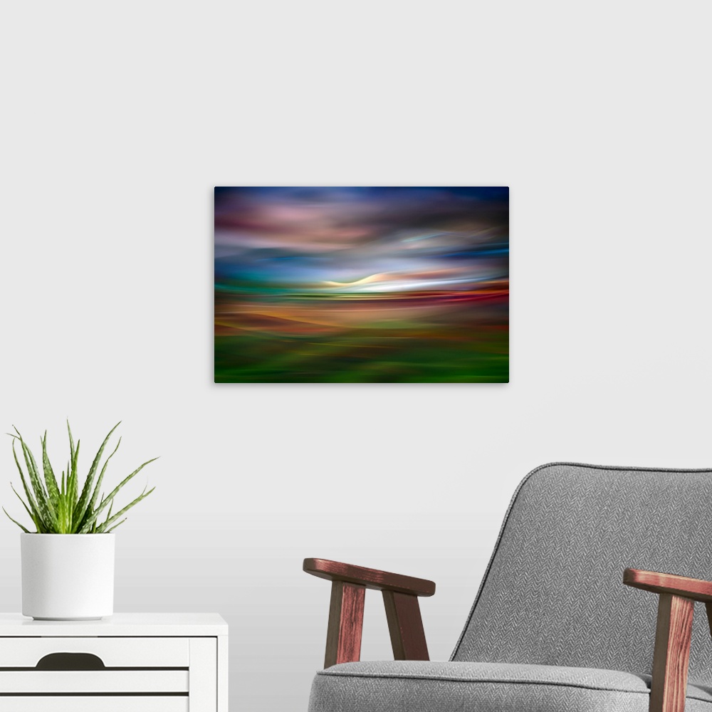 A modern room featuring Fine art abstract photograph of the Palouse countryside in Washington.