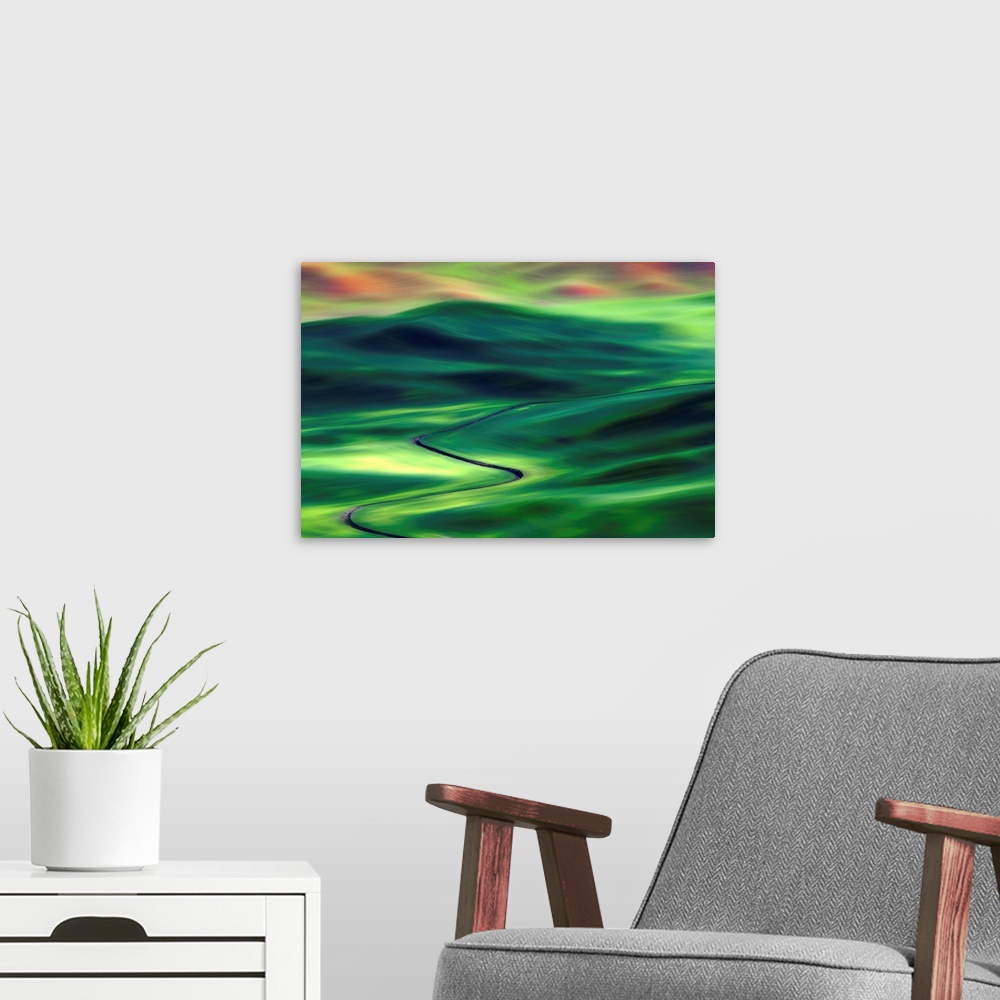 A modern room featuring Fine art photo of the rolling fields of Palouse in Washington in the Spring.