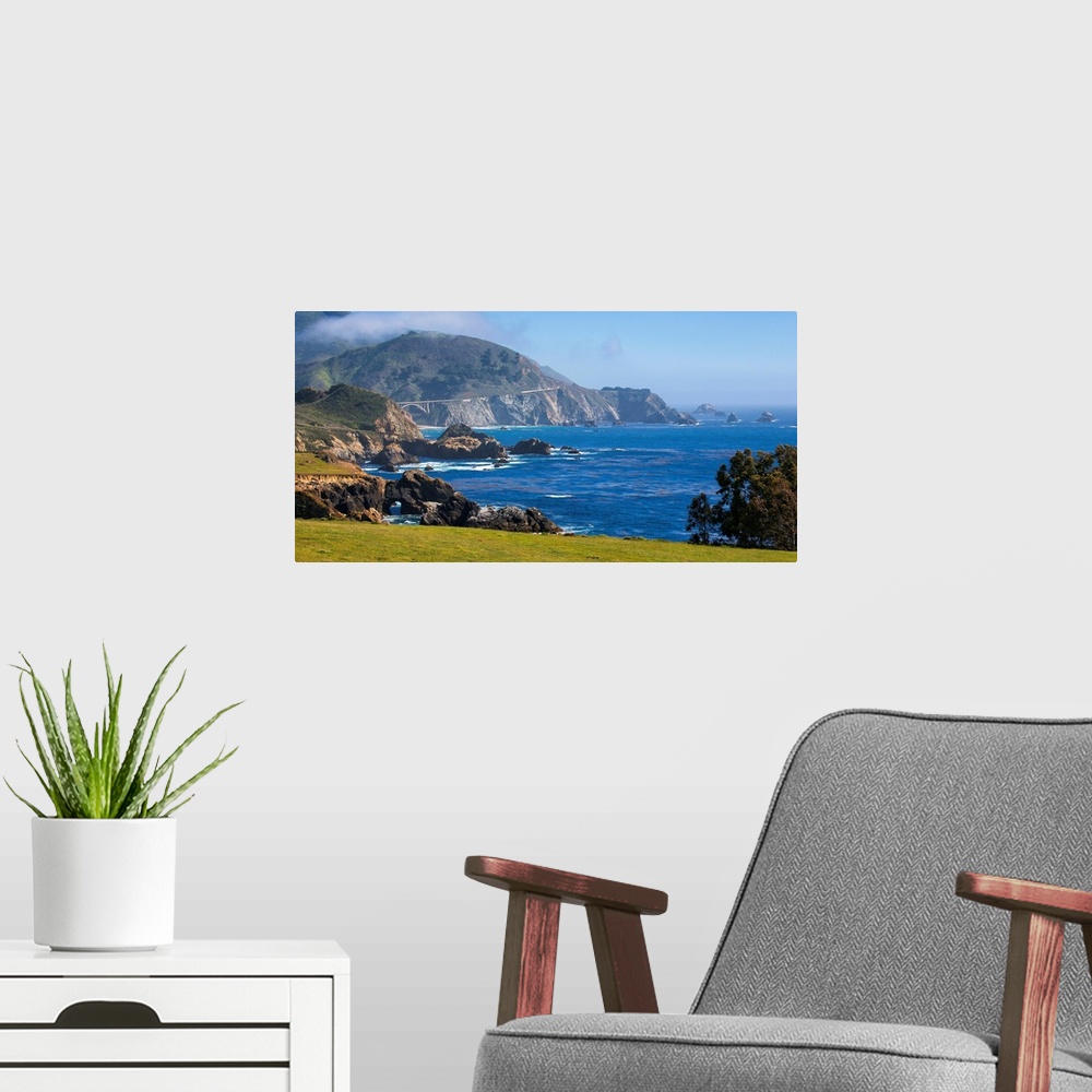 A modern room featuring Panoramic view of the Big Sur Coast at the Rocky Creek Bridge, California.