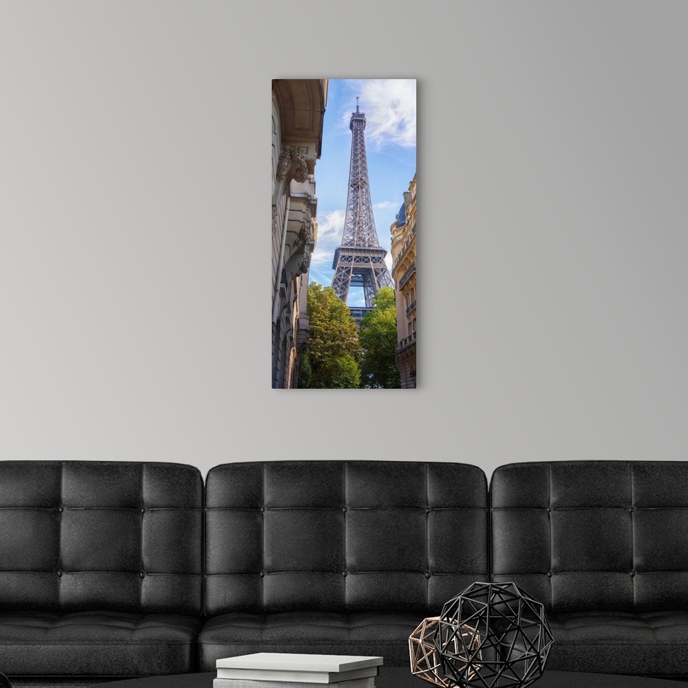 A modern room featuring Eiffel tower between typical buildings and trees from the champ de Mars area. Vertical view with ...