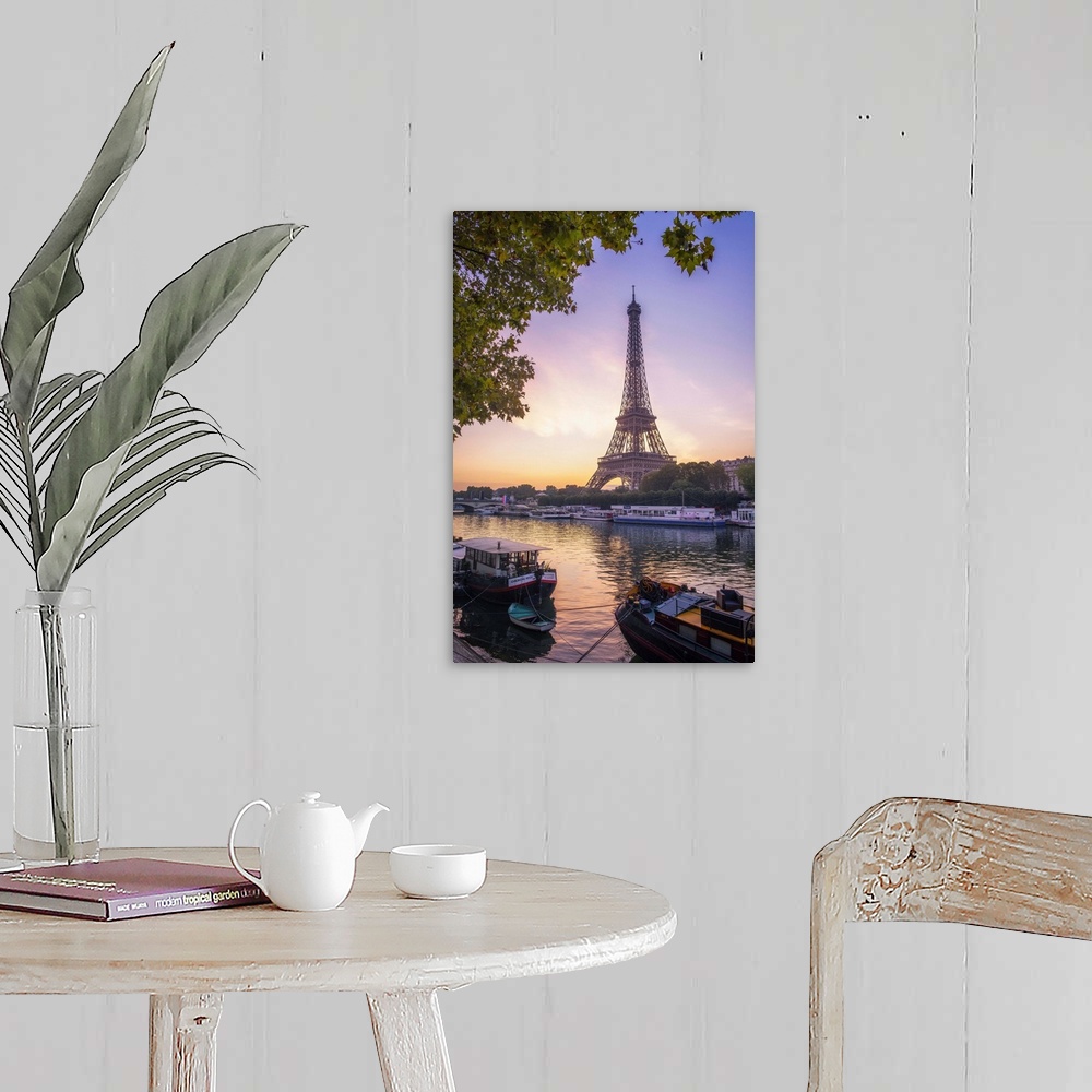 A farmhouse room featuring Sunrise on the Eiffel tower on summer morning in Paris with Peniche boats waiting on the side of ...