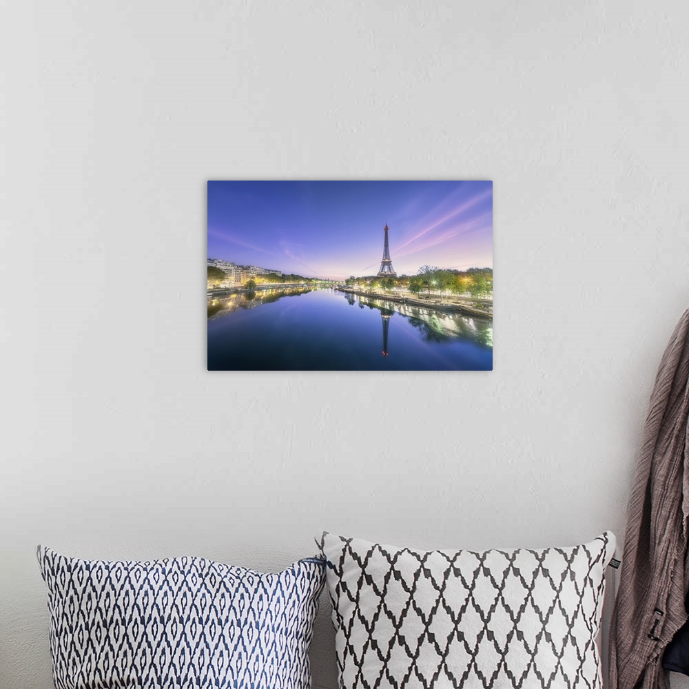 A bohemian room featuring Sunrise on a summer morning in Paris, view of the Seine with Eiffel tower, boats, buildings and L...