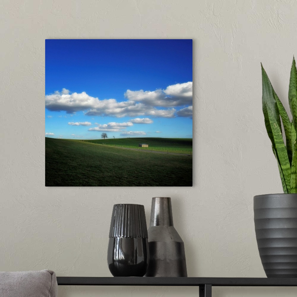 A modern room featuring Countryside landscape with blue sky and clouds
