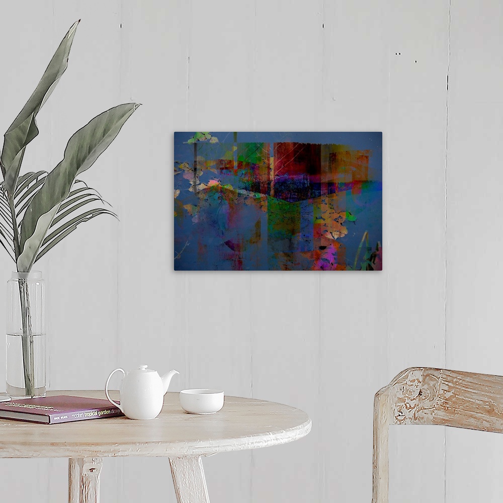 A farmhouse room featuring Abstract artwork of distressed textures in psychedelic colors.