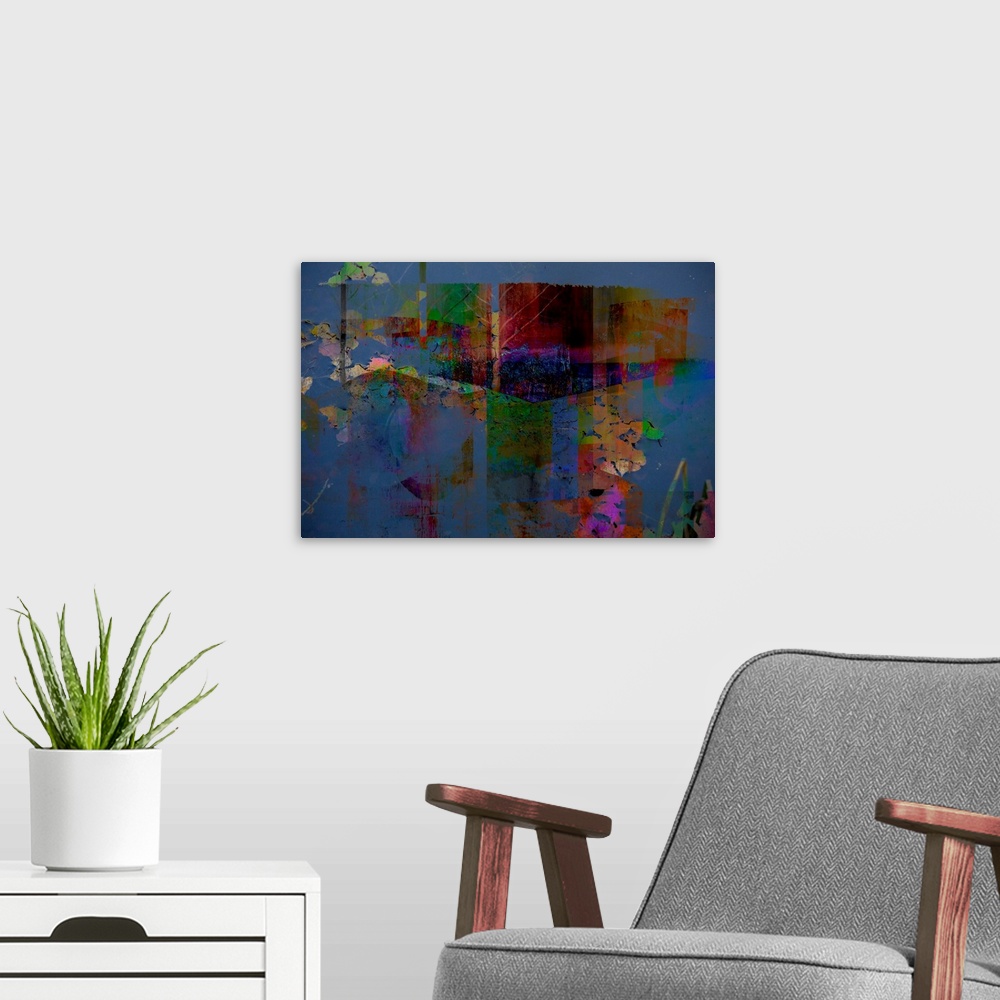 A modern room featuring Abstract artwork of distressed textures in psychedelic colors.