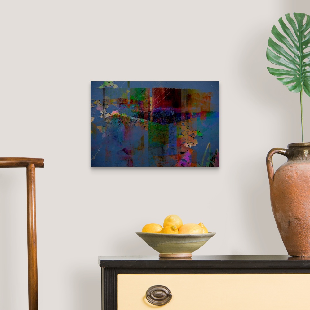 A traditional room featuring Abstract artwork of distressed textures in psychedelic colors.