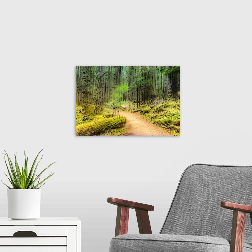 A modern room featuring A painterly scene of a path leading into a lush forest, captured with in-camera-movement and mult...