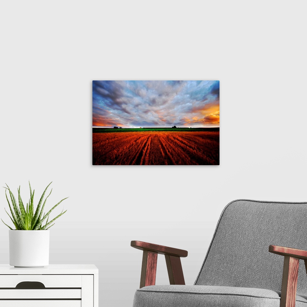 A modern room featuring In this expansive photograph a farmer's field is shown stretching into the skyline under a cloudy...