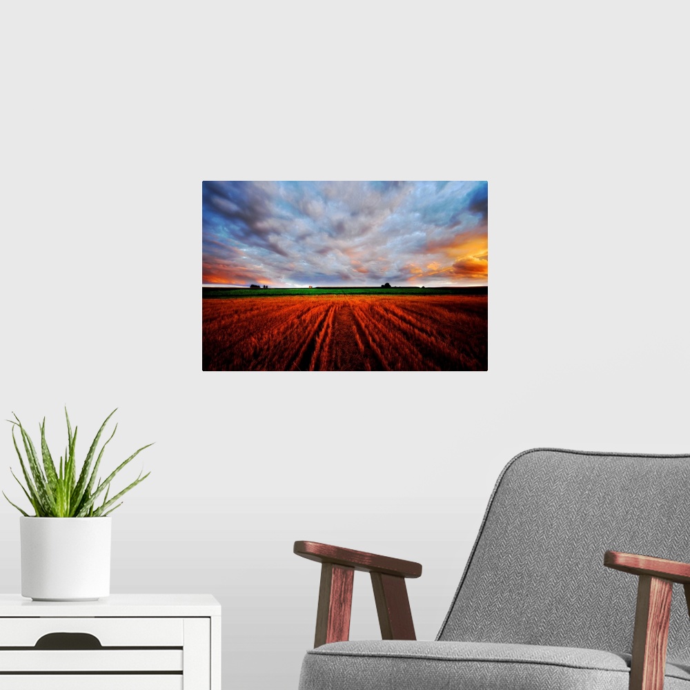 A modern room featuring In this expansive photograph a farmer's field is shown stretching into the skyline under a cloudy...