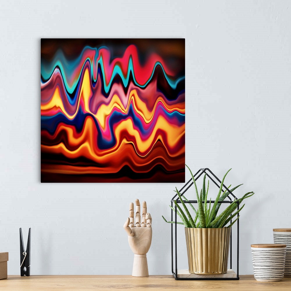 A bohemian room featuring Square abstract with colorful wavy lines.