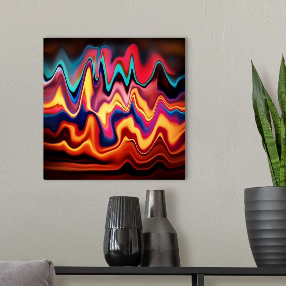 A modern room featuring Square abstract with colorful wavy lines.