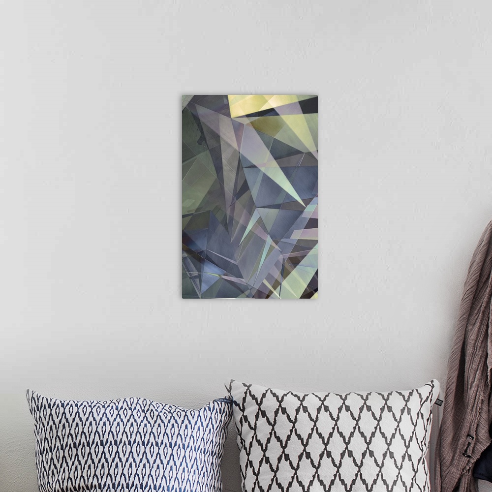 A bohemian room featuring Abstract photograph made of intersecting angles and lines in varying grey shades.