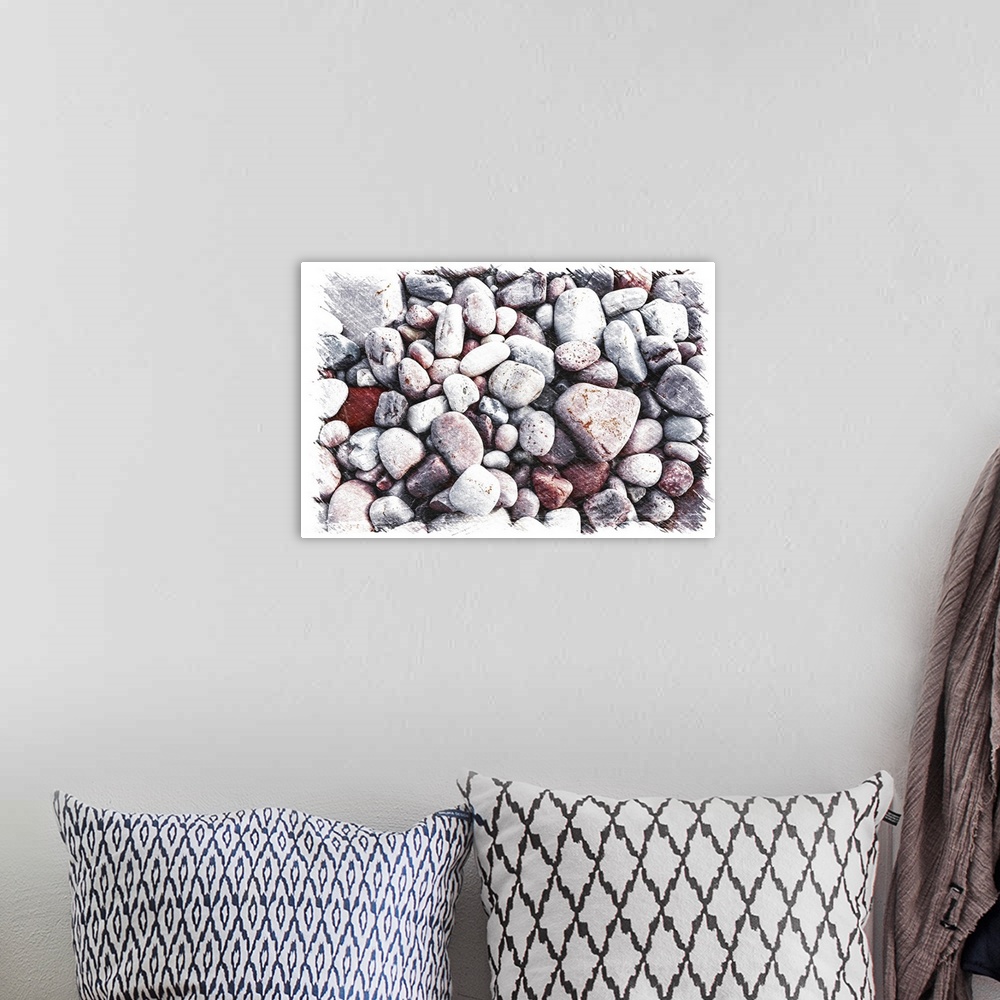 A bohemian room featuring Small and large pebbles with a drawing effect