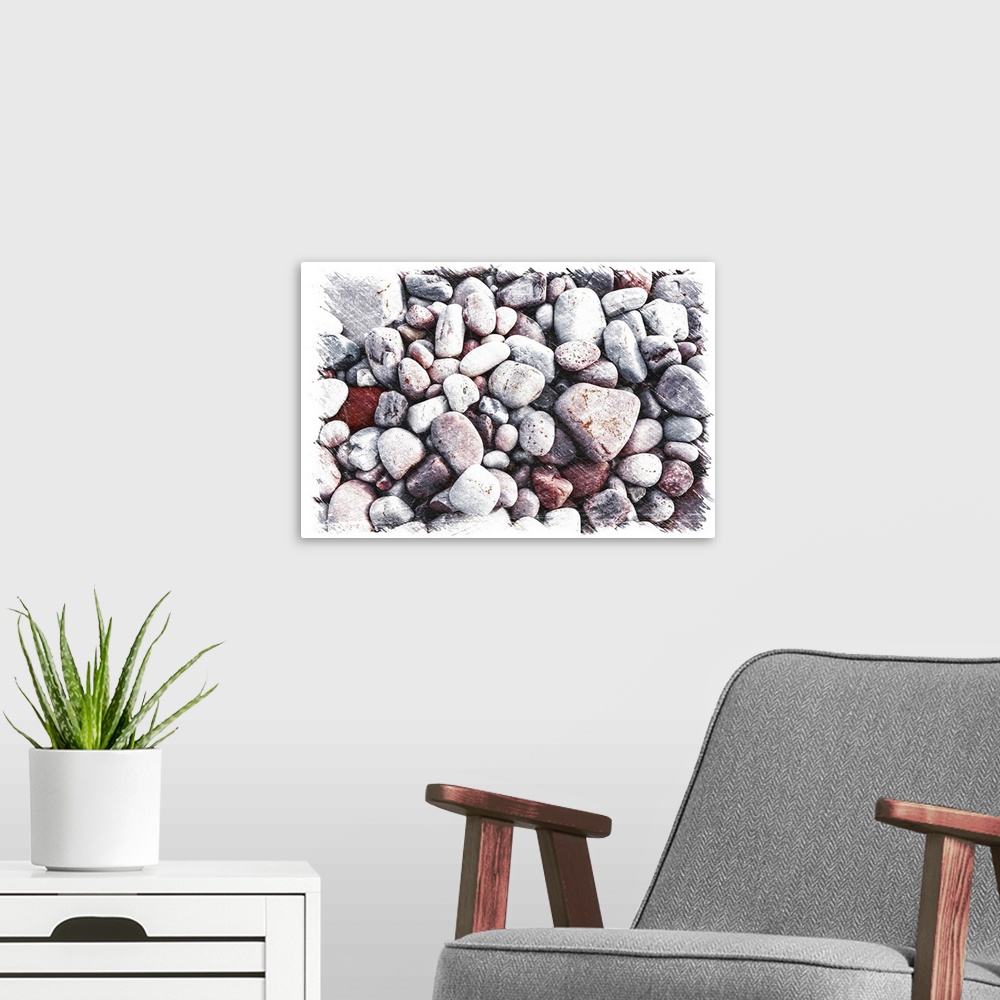 A modern room featuring Small and large pebbles with a drawing effect