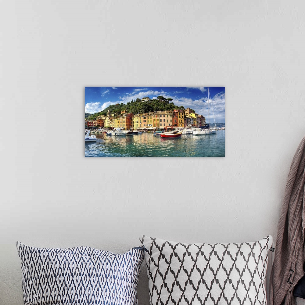A bohemian room featuring Low angle panoramic view of Portofino Harbor, Liguria, Italy.