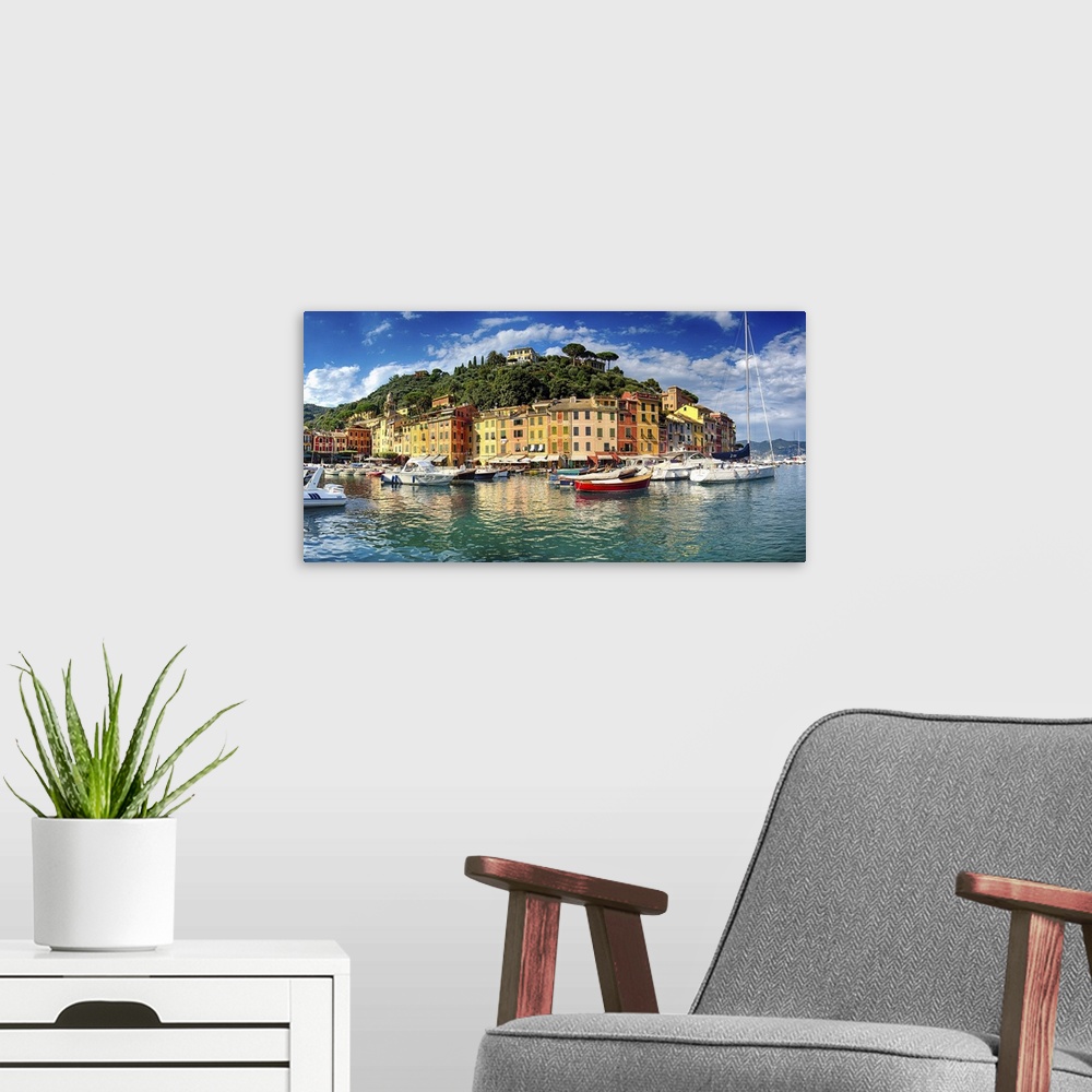 A modern room featuring Low angle panoramic view of Portofino Harbor, Liguria, Italy.