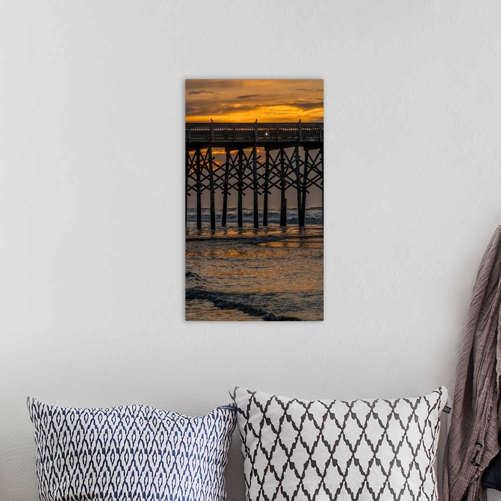 A bohemian room featuring Birds perched on the wooden posts under a pier over the ocean at sunset.