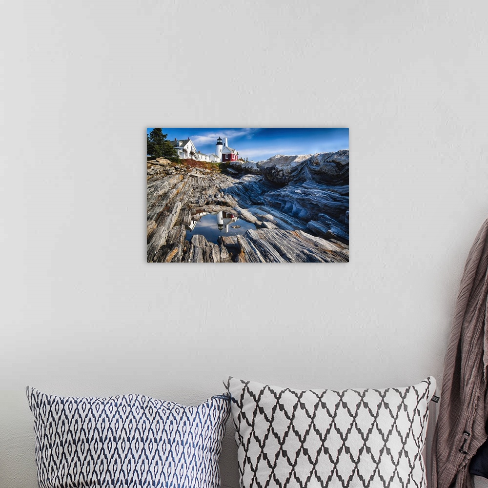 A bohemian room featuring View of the Pemaquid Point Lighthouse with Image Reflected in Tidal Pool, Maine.