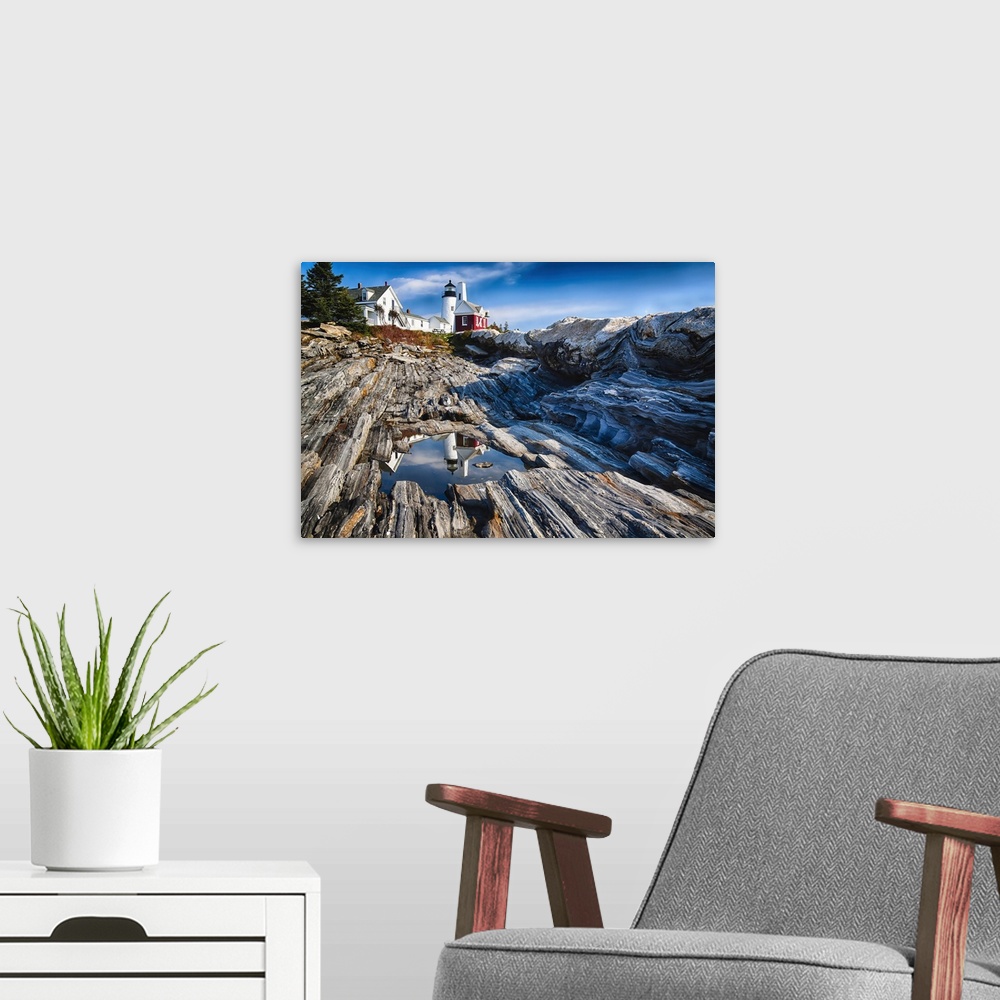 A modern room featuring View of the Pemaquid Point Lighthouse with Image Reflected in Tidal Pool, Maine.
