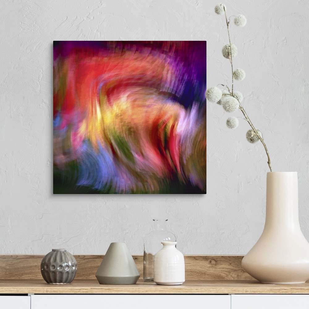 A farmhouse room featuring Bright pink, yellow, purple, blue, and green lights from a city scene warped into abstract shapes...