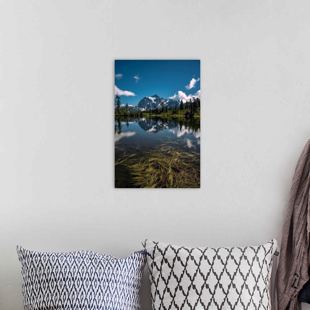 A bohemian room featuring Day time long exposure of Picture Lake and its reflection with Mt. Shuksan as the backdrop.