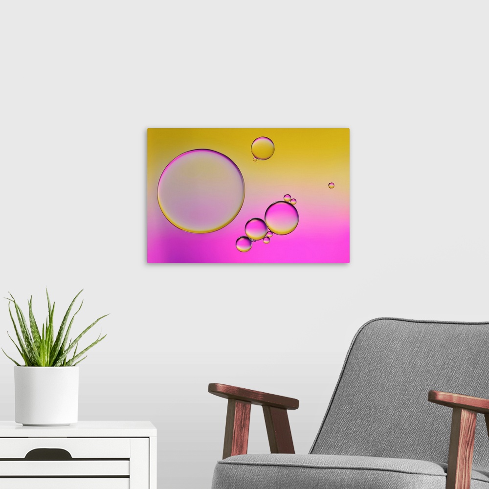 A modern room featuring Closeup photograph of drops of oil in water with yellow and pink hues.