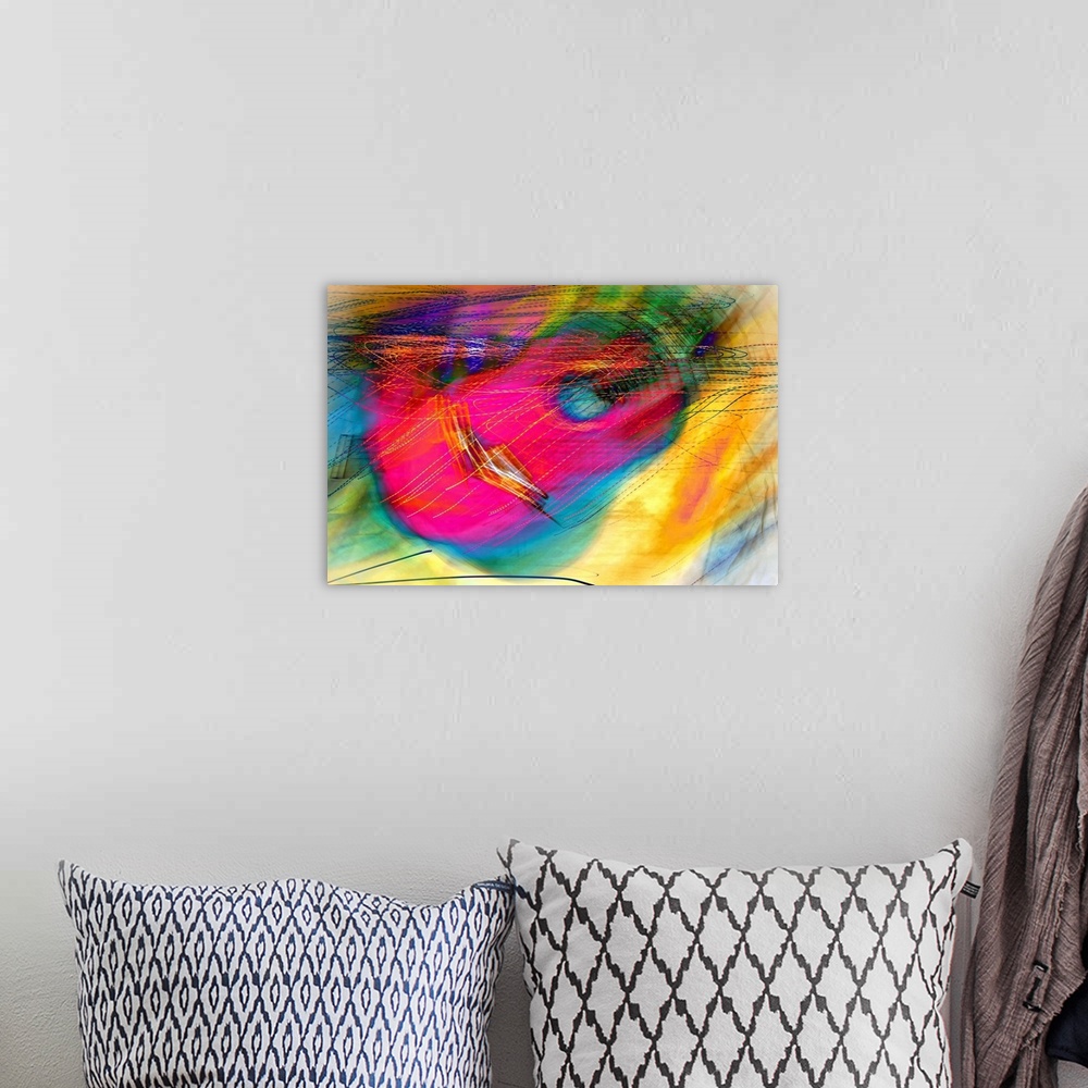 A bohemian room featuring Abstract image of a neon pink guitar with colorful lines.