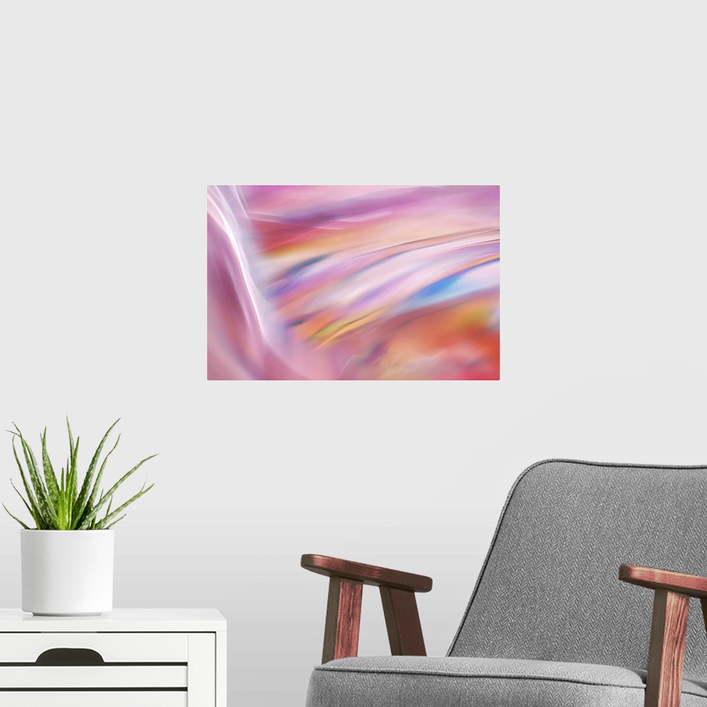 A modern room featuring This image represents standing at the on the side at the top of a small waterfall, looking down i...