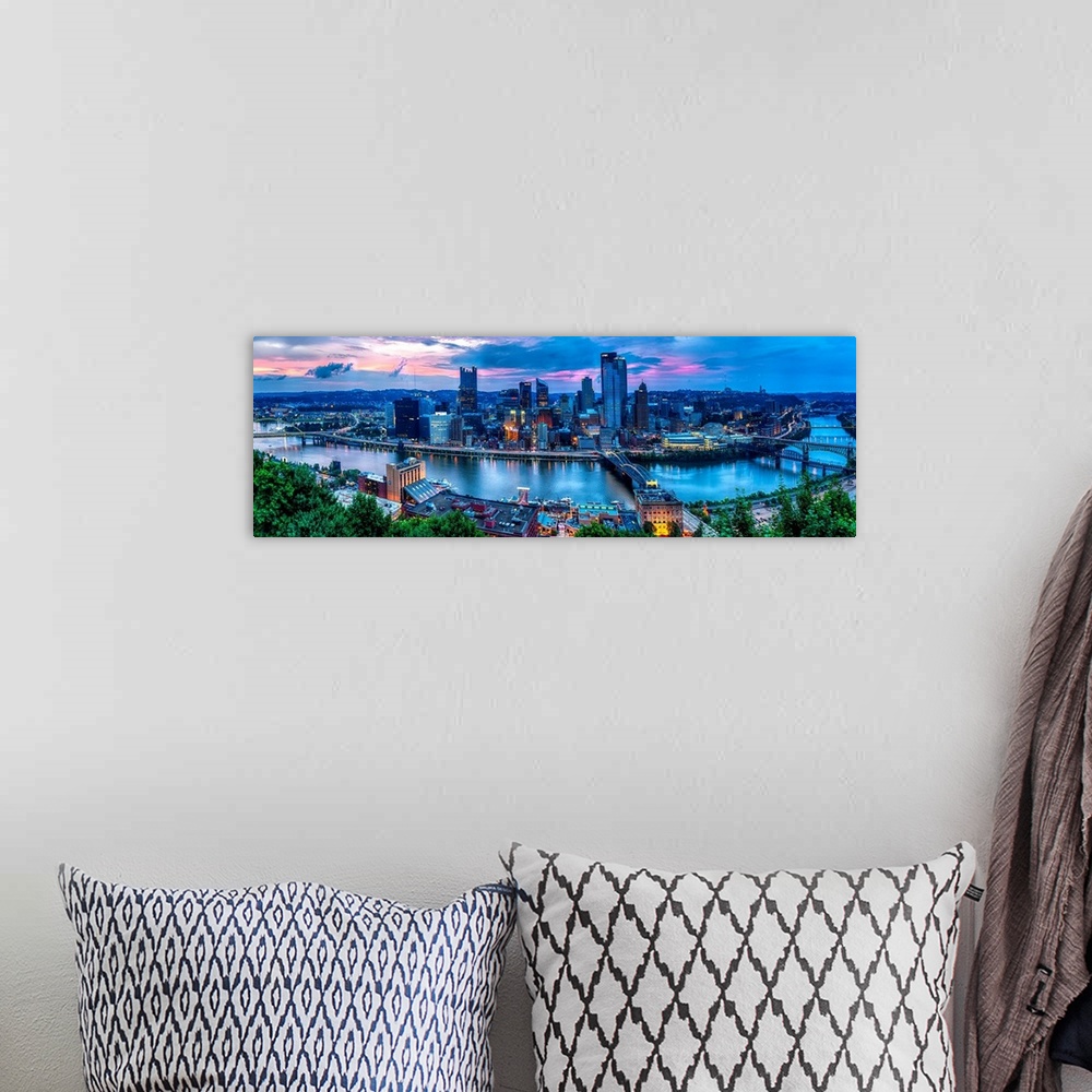 A bohemian room featuring Skyline Panorama of Pittsburgh viewed from Mount Washington.