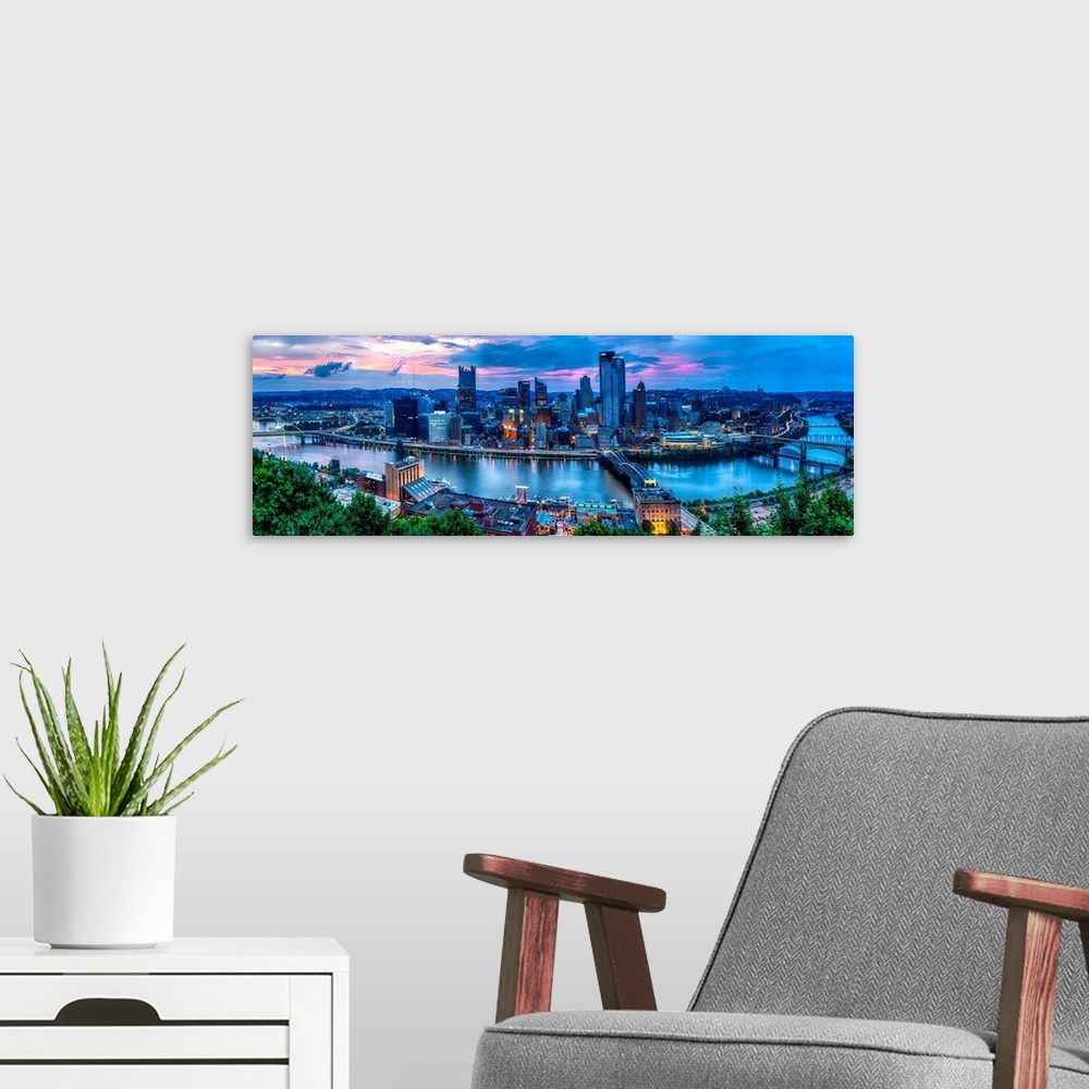 A modern room featuring Skyline Panorama of Pittsburgh viewed from Mount Washington.