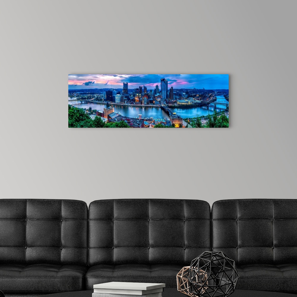 A modern room featuring Skyline Panorama of Pittsburgh viewed from Mount Washington.