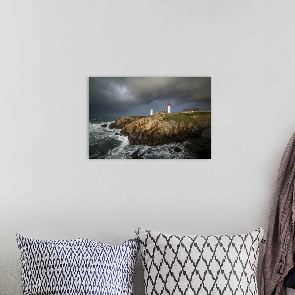 A bohemian room featuring Stormy time on saint mathieu lighthouse in Brittany in France. Some grey heavy clouds coming on t...