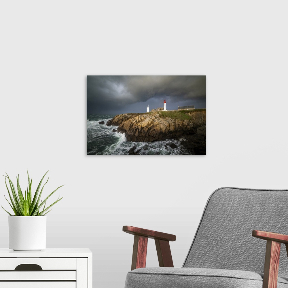 A modern room featuring Stormy time on saint mathieu lighthouse in Brittany in France. Some grey heavy clouds coming on t...