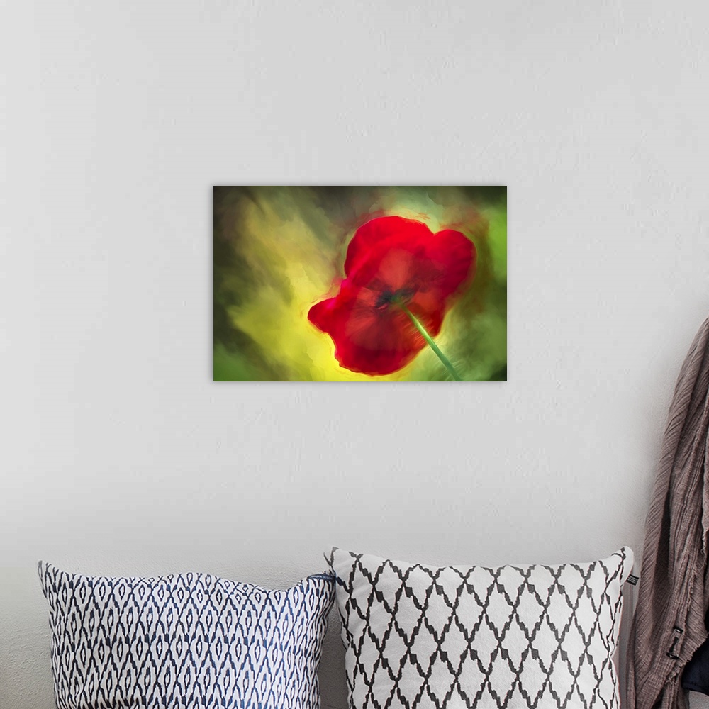 A bohemian room featuring An abstract macro photograph of a bright red vibrant flower against a green background.