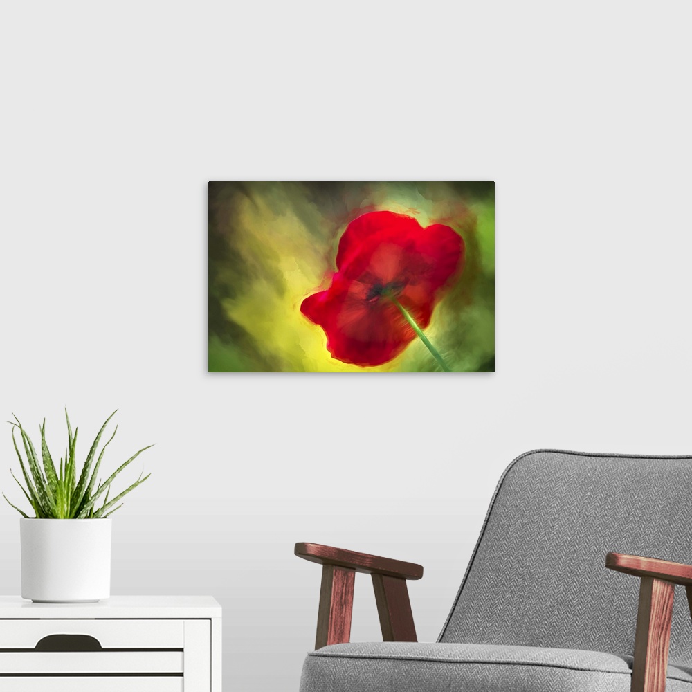A modern room featuring An abstract macro photograph of a bright red vibrant flower against a green background.