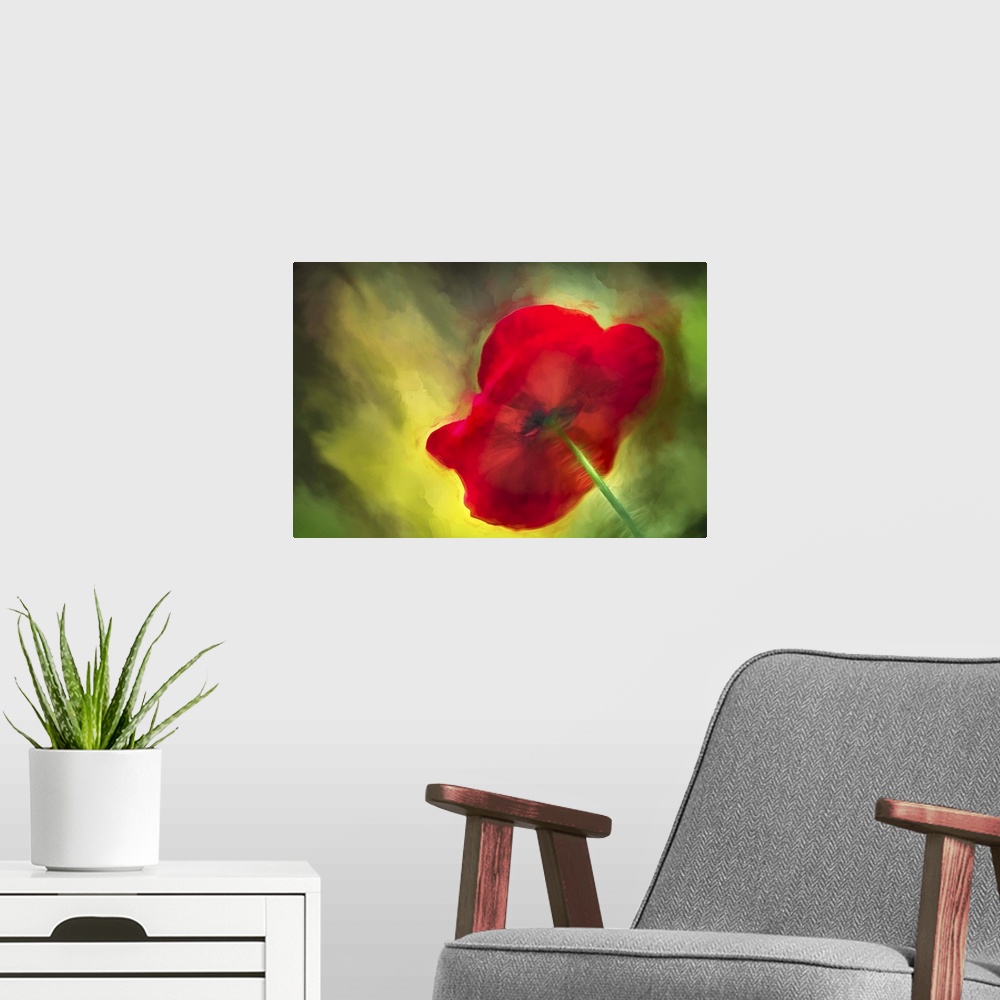 A modern room featuring An abstract macro photograph of a bright red vibrant flower against a green background.