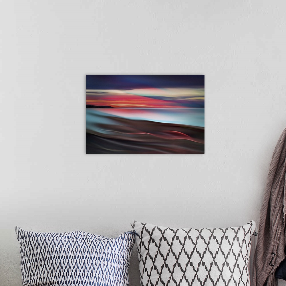A bohemian room featuring Abstract seascape. The image is a composite of two images. The first is a sunset in late May of 2...