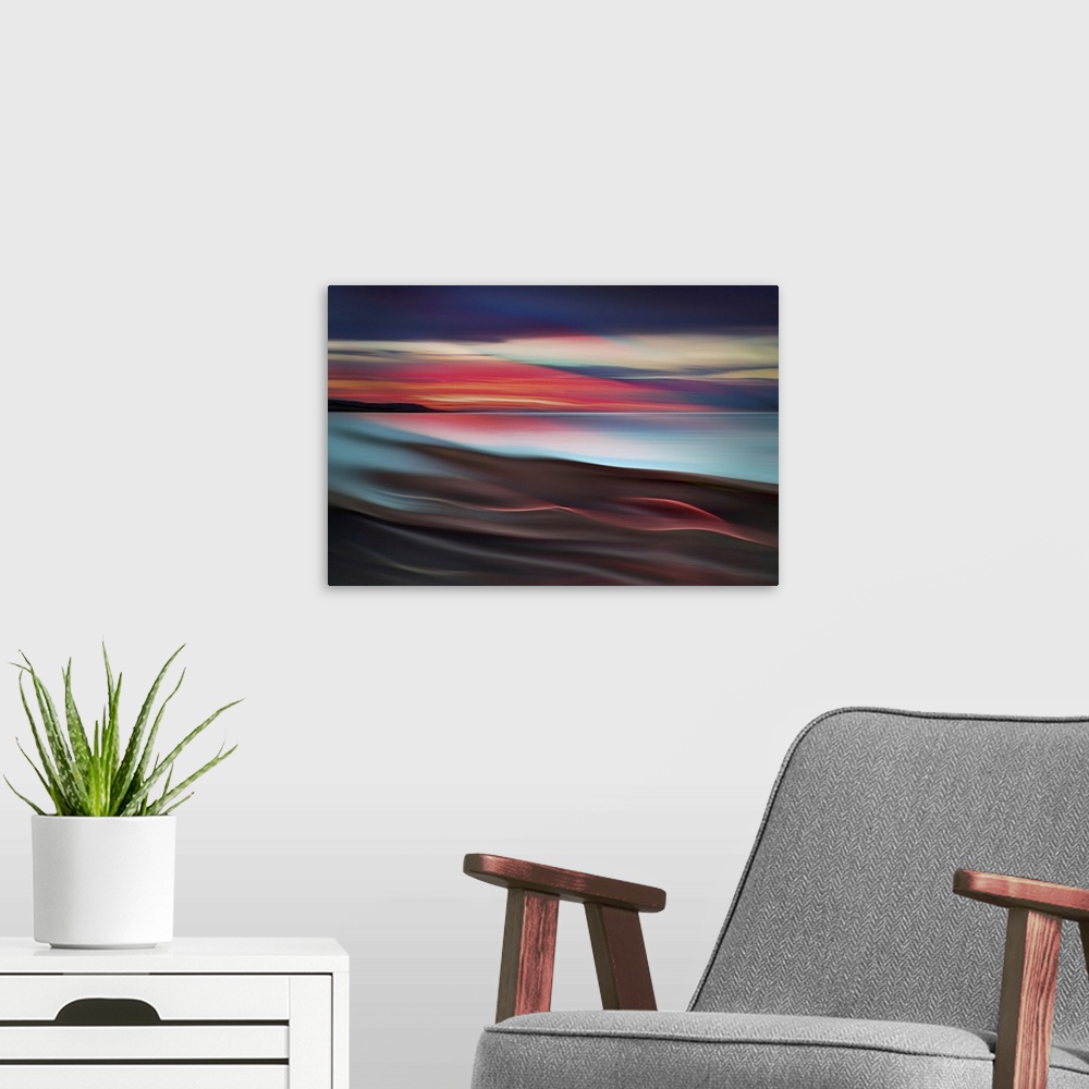 A modern room featuring Abstract seascape. The image is a composite of two images. The first is a sunset in late May of 2...