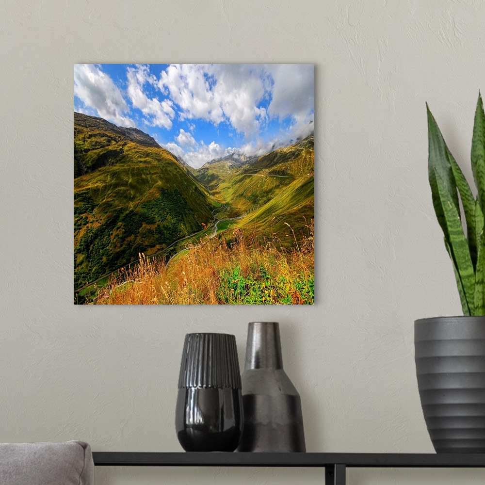 A modern room featuring Mountain landscape with clouds