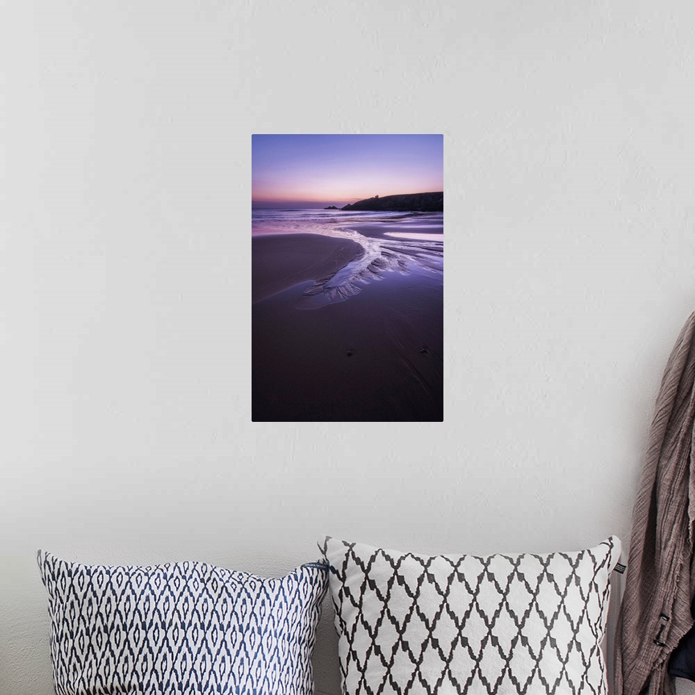 A bohemian room featuring Beach at sunset in Port Blanc area in Quiberon, pink an violet colors, France, a vertical view.