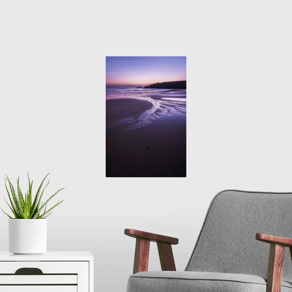 A modern room featuring Beach at sunset in Port Blanc area in Quiberon, pink an violet colors, France, a vertical view.