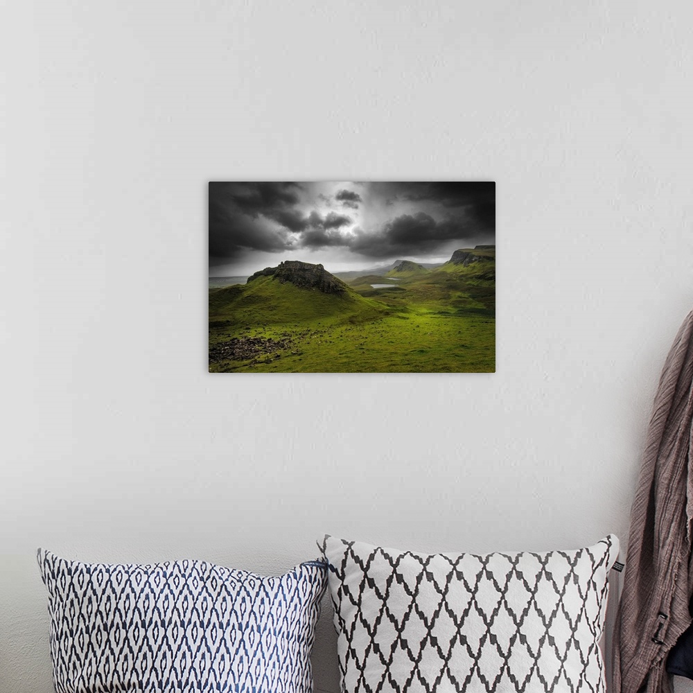 A bohemian room featuring Fine art photo of a misty valley full of large rocky outcroppings.