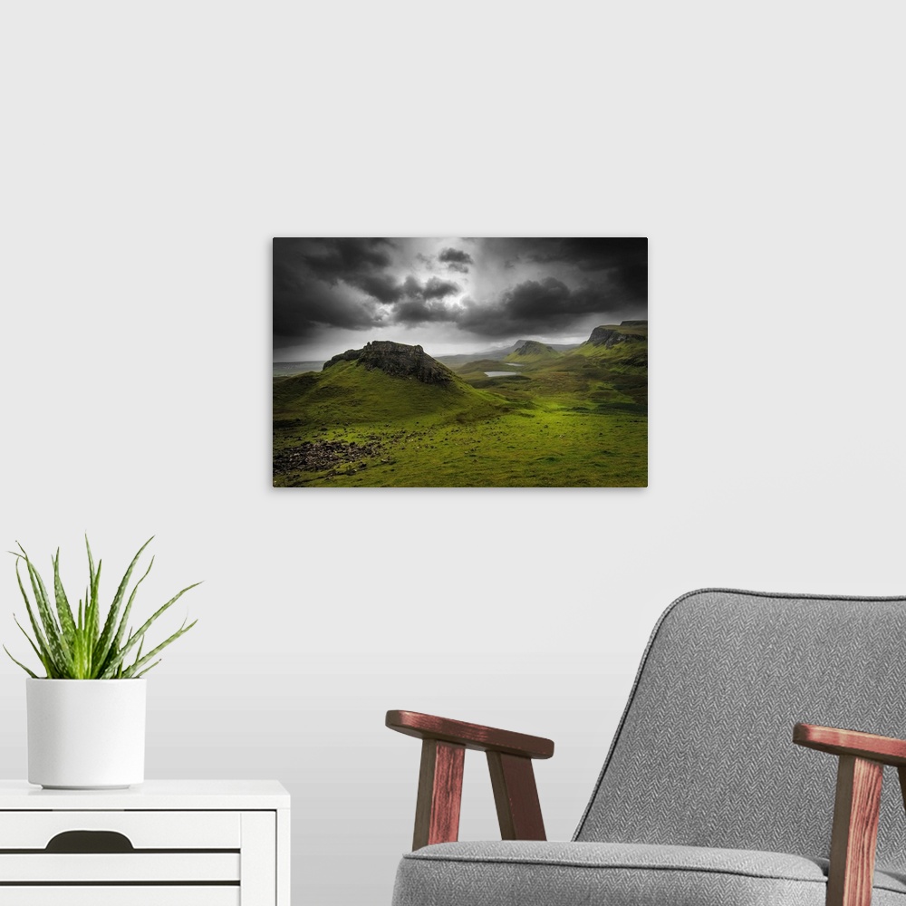 A modern room featuring Fine art photo of a misty valley full of large rocky outcroppings.